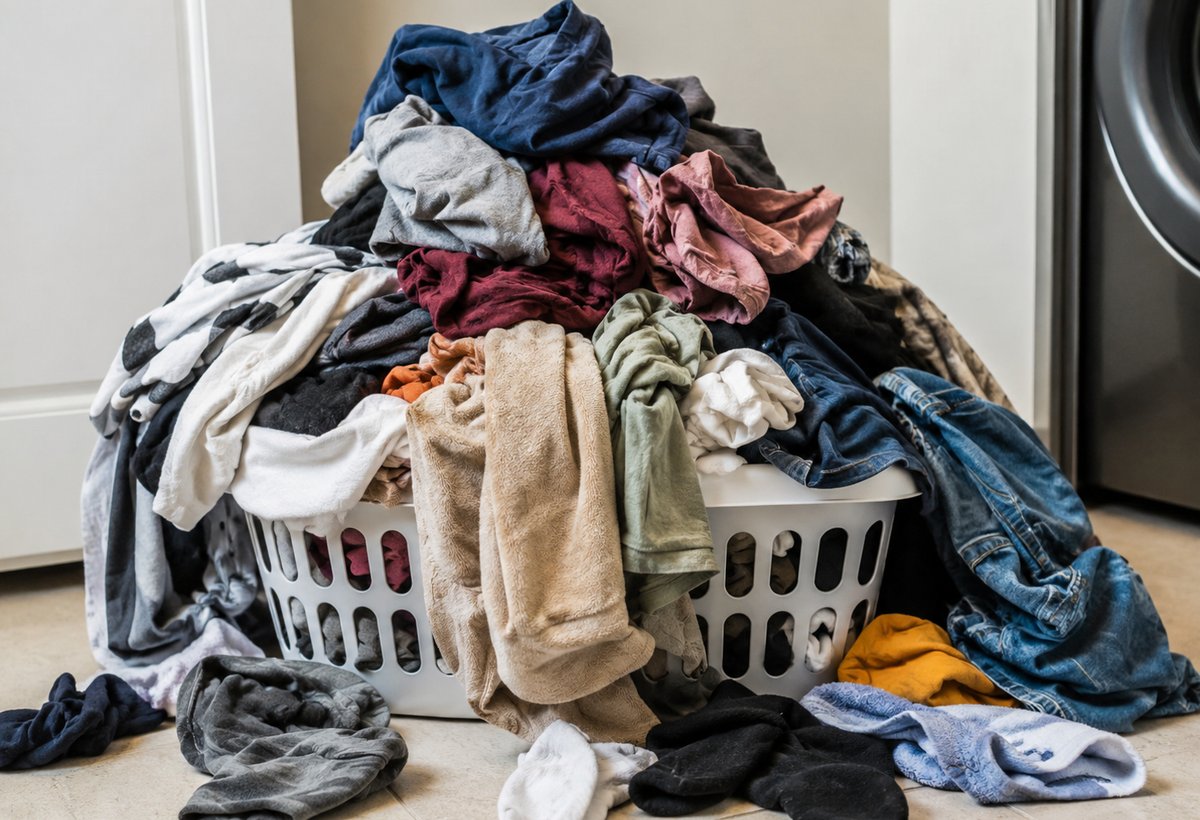 Laundry before — an overflowing pile of dirty clothes
